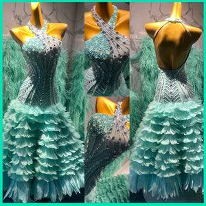 Ballroom Dance Dress Women's Mint Green Beaded Feather Halterneck Latin Rhythm Dress