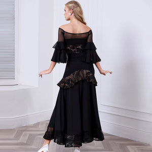Women's Black Off-Shoulder Lace & Mesh Tiered Ruffle Sleeve Ballroom Dance Dress with Asymmetrical Ruffle Skirt