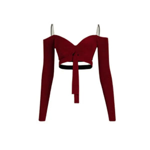 Women's Burgundy & Black Fringe Latin Dance Top and Shorts Set, Long Sleeve Sweetheart Crop Top, High Waist Fringe Shorts