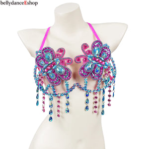 Belly Dance Top Womens Pink and Blue Beaded Halter Bra with Rhinestones and Dangles for Performance and Practice