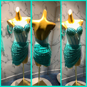 Dance Dress Women's Teal Beaded Sequin Corset Mini Skirt Latin Ballroom