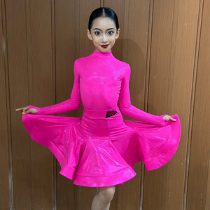 Girls' Silver Shimmer Mock Neck Short Sleeve Ruffled Latin Ballroom Dance Dress