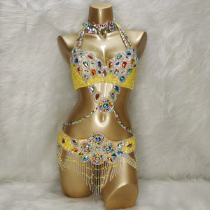 Dance Costume Women's White Iridescent Crystal Beaded Halter Bra and Belt Set with Fringe, Belly Dance