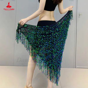 Belly Dance Hip Scarf, Women's Green Sequin Tassel Fringe Wrap Skirt, Asymmetrical Latin Dance Belt