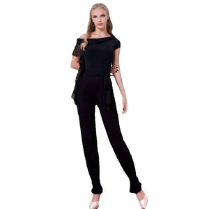 Women's Black Polka Dot Mesh Sleeve Off-Shoulder Jumpsuit Ballroom Dancewear