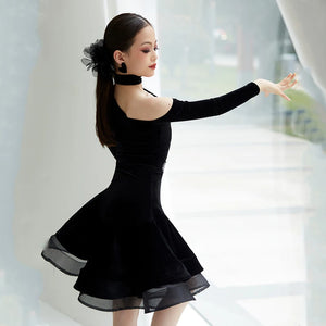 Girls Black Velvet Off-Shoulder Latin Dance Dress with Choker Neckline and Tiered Skirt