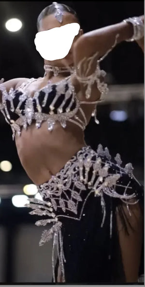 Women's Black & Silver Crystal Embellished Backless Latin Dance Dress