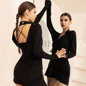 Women's Black Lace Trim Long Sleeve Wrap Dance Dress with Fishnet Tights