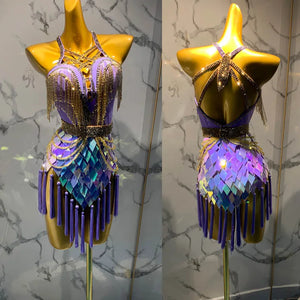 Latin Dance Dress Women's Purple Sequin Fringe Rhinestone Halter Backless Minidress