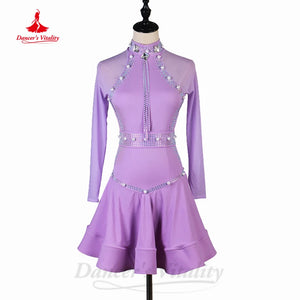 Women's Royal Blue Rhinestone Mesh Long Sleeve Latin Ballroom Dance Dress