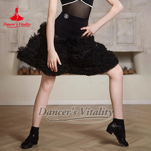 Girls' White & Black Mock Neck Mesh Pearl Latin Dance Dress with Ruffled Skirt