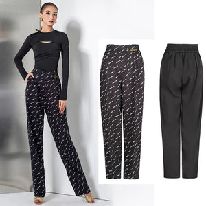 Women's Black Long Sleeve Cutout Crop Top & Black Logo Print High-Waisted Dance Pants Set, Stretch Fabric