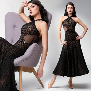 Women's Black Leopard Print Mesh Halterneck Ballroom Dance Dress