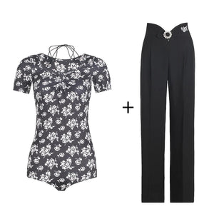 Women's Black & Green High Waist Pleated Wide Leg Ballroom Dance Pants