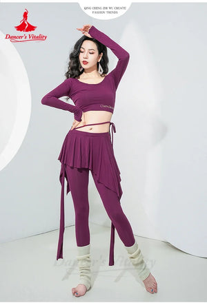 Belly Dance Practice Set Women's Teal Green Long Sleeve Crop Top with Skirted Leggings and Ribbed Leg Warmers