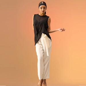 Women's Dark Mauve High-Waisted Pleated Tapered Dance Pants with Tie-Waist