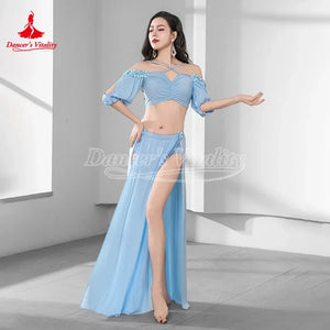 Belly Dance Costume Women Light Blue Chiffon Off-Shoulder Crop Top & High Slit Skirt Set for Oriental Dance Performance
