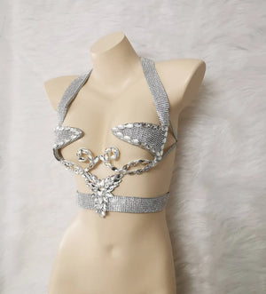 Women's Silver Rhinestone Halter Neck Open Bust Body Chain Belly Dance Bra Top