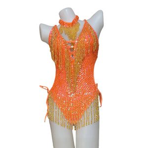 Women's Olive Green Beaded Sequin Halter Neck Fringe Latin Dance Leotard