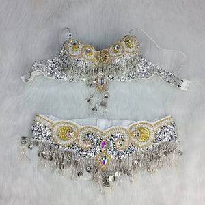 Belly Dance Bra and Belt Set, Women's Gold Sequin Beaded Fringe, Crystal Embellished, Tribal Fusion Dancewear