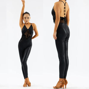 Women's Black Shiny Halter Neck Jumpsuit with Sheer Lace and Beaded Detail for Latin Dance