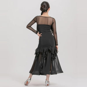 Women Black Mesh Fringe Ruffle Latin Dance Dress