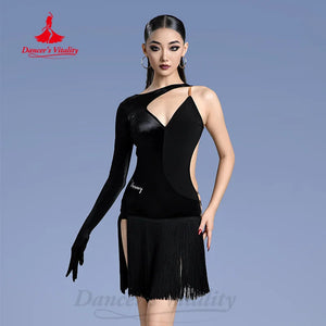 Women's Black Velvet & Fringe Asymmetric Latin Dance Dress with Long Sleeve