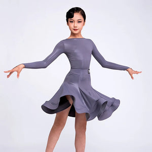 Girls' Latin Dance Dress, Long Sleeve, High Neck, Ruffled Skirt, Performance Leotard