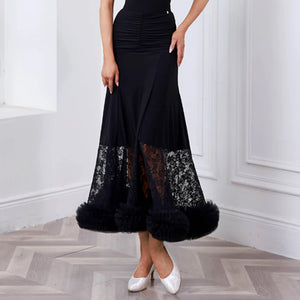 Ballroom Dance Dress Women Black Lace Ruched Long Skirt with Ruffles Latin Rhythm Smooth Standard