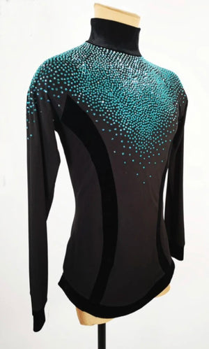 Dance Top Men's Black with Teal Rhinestones & Velvet Accents, Long Sleeve Turtleneck Ballroom Latin Dance Shirt