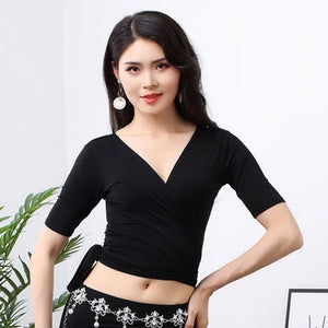 Women's Blue V-Neck Wrap Belly Dance Top with Elbow Sleeves, Performance Apparel