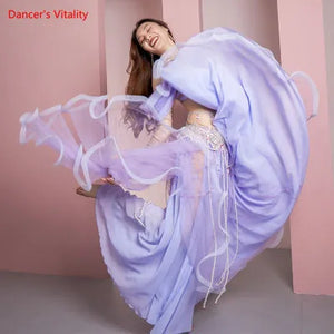 Belly Dance Costume Women's Lavender Chiffon Off-Shoulder Top with Embellished Bra & Long Skirt Set for Performance