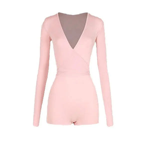 Women's Black, Pink, Ivory Long Sleeve V-Neck Wrap Bodysuit with Ruffled Tulle & Satin Tie Skirt for Latin Ballroom Dance