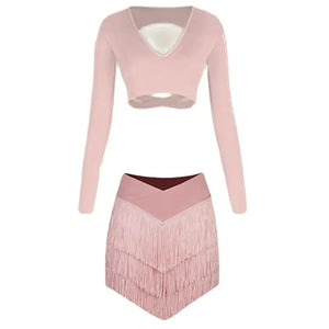 Women's Pink, Brown, Black V-Neck Long Sleeve Crop Top & Fringe Latin Dance Skirt Set