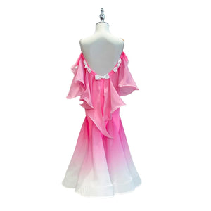 Ballroom Dance Dress Girls Red Ombre Black Ruffle Rose Off-Shoulder Long Sleeve; Ballroom Dance Dress Girls Pink Ombre White Ruffle Bow Off-Shoulder