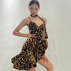 Women's Leopard Print Ruffle Hem Latin Dance Dress with Headband