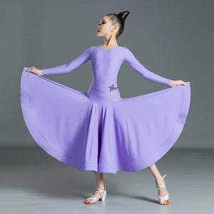 Girls' Latin Dance Dress, Lilac and Yellow Long Sleeve V-Neck Ballroom Performance Costume