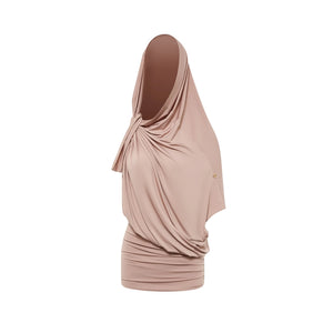 Women's Beige Modest Dance Top & Skirt Set, Draped Lycra, Latin Ballroom