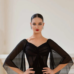 Women's Black Mesh & Chiffon Ballroom Dance Dress with Bell Sleeves