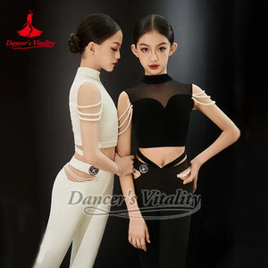 Girls Black & White Velvet Mesh Pearl Ballroom Dance Dress