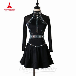 Women's Royal Blue Rhinestone Mesh Long Sleeve Latin Ballroom Dance Dress