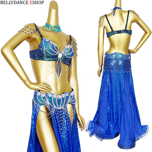 Belly Dance Costume Women Blue Sequin Chiffon Bra Belt Skirt Set with Shoulder Chains and Rhinestone Choker for Belly Dancing