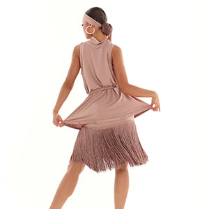 Women's Nude Sleeveless High-Neck Ruffled Fringe Latin Dance Dress