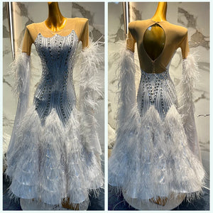 Women's White Sequin & Feather Ballroom Dance Dress with Sheer Sleeves