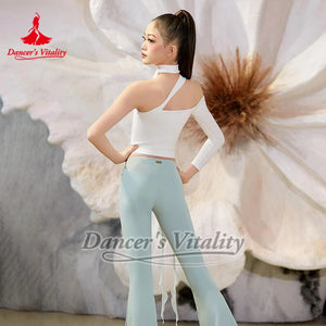Women's Pink & White Off-Shoulder Ruffle Dance Top and Leggings Set with Floral Accents, Modern Contemporary Dance