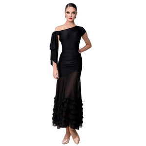 Dance Dress Women's Black One-Shoulder Ruched Chiffon Ruffled Ballroom Latin Dance Dress