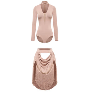 Women's Nude Long Sleeve Mesh Latin Dance Bodysuit with Fringe Skirt