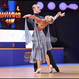 Women's Silver Sequin & Rhinestone Embellished Asymmetrical Latin Ballroom Dance Dress with Pleated Skirt and Draped Sleeves