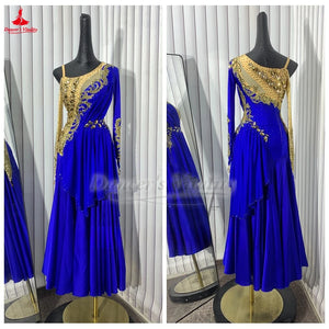 Ballroom Dance Dress Women's Royal Blue & Gold Embellished Asymmetrical Long Sleeve Standard Waltz Gown