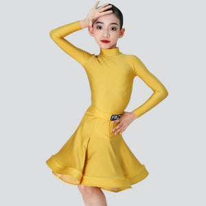 Girls' Pink Long Sleeve Mock Neck Pleated Skirt Latin Ballroom Dance Dress